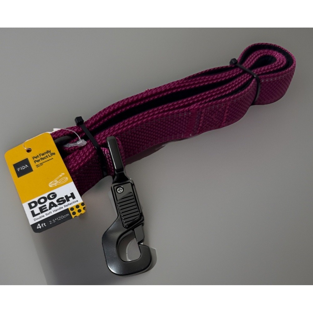 FIDA Double Soft Handle Night Walker Reflective 4" Dog Leash ROSE‎ Fuchsia